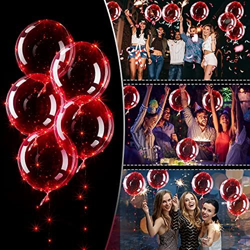 24 Парчиња Партија Балони Украси Светат во Темница Балони светне Балони 20 Инчи Големи Хелиум Балони Транспарентен Црвени LED Светло