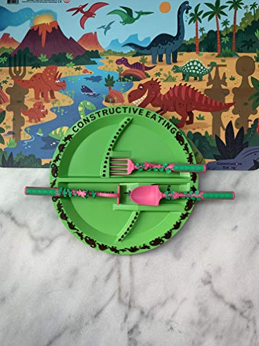 Конструктивен Јадење Комбо со Поставување на 3 Градина Прибор, Диносаурус Плоча и Placemat за Години, Деца, Бебиња и Деца - Flatware