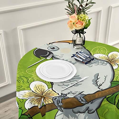 Cockatoo Папагал На Гранка со Цвеќиња Круг Лен Tablecloth Шалче Чипка Работ Табела Покритие за Кујна Dinning Декорација 60 Инчи