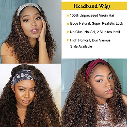 Браун ја Нагласува Кадрава Headband Перики за Црна Жените Лесно да се Носат Суровини Богородица Човечка Коса Црна Перика со Headband