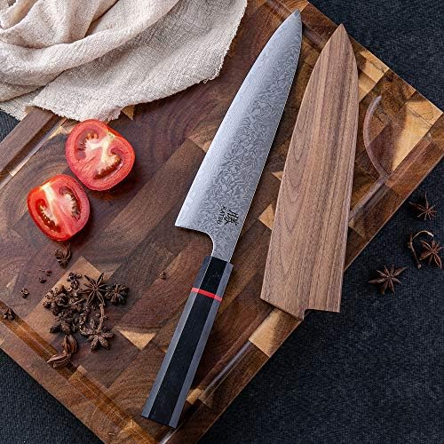 KATSU Кујната Готвач Нож - Дамаск Челик - Јапонски Кујнски Нож - рачно изработени Octagonal Дрво Рачка - 8-инчен -Дрвена Обвивка