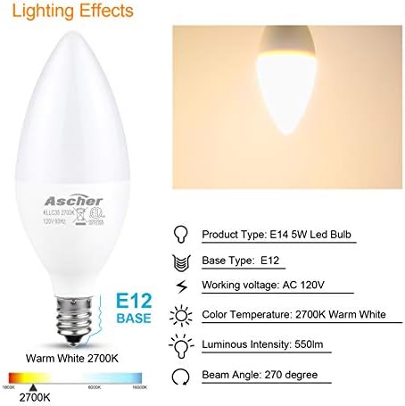 Ascher Класичен E12 LED Candelabra Светилки, што е Еквивалентно 60W, 550 Lumens, Топло Бела 2700K, Лустерот Крушка, Не-dimmable,