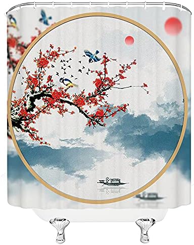 FILMILIL Азија Оркестарот Туш Завеса Црвена Слива Цвет Цвета Дрвја Гранка Hummingbird Сонцето Традиција Антички Јапонски Мастило
