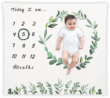 RoEsha Органски Бебе Месечна Milestone Ќебе Момчиња и Девојки, 47 x 47 инчи Муслин Памук Бебе Месец Ќебе Лист Венец Рамка – Новородените
