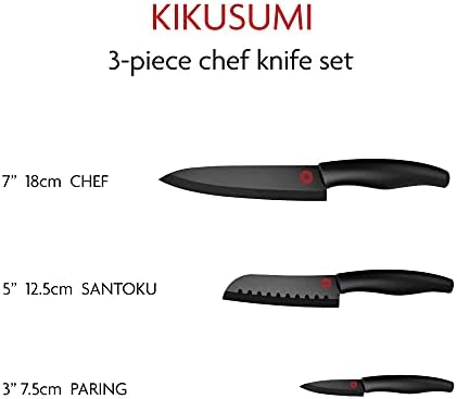 Kikusumi 3-Парче Готвач Нож Set - SUMI Црна Рачка + Црна Керамички Нож - 7 инчен Gyuto Готвач Нож + 5 инчен Santoku + 3 инчен Paring + Луксузен Подарок Заградени Нож Set + 3 Нож Обвивка