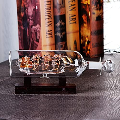 Едрилица Лебдат Шише, 3D Декоративни Стакло со Дрвени База Украси, Брод во Виното во Шишиња (24 * 10.2 см)