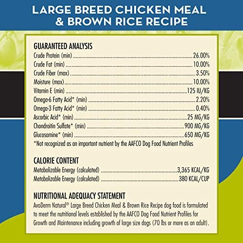 AvoDerm Природни Голема Раса Сува Куче Храна, За Нега На Кожа & Грб, Пилешко Оброк & Кафеав Ориз Формула