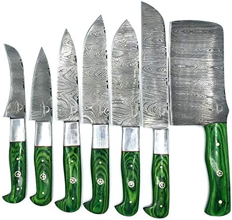 DKC-6500-MCS-РЕЈТИНГ-ДС Господар Готвач Нож го Поставите 7 Парчиња Зелена Pakka се Справува Дамаск Челик