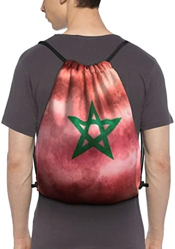 Drawstring Ранец , на Мароко Знаме, Печати Отпорен на Вода String Торба Спортски Sackpack Салата Вреќа со Страна Џеб за Мажи Жени